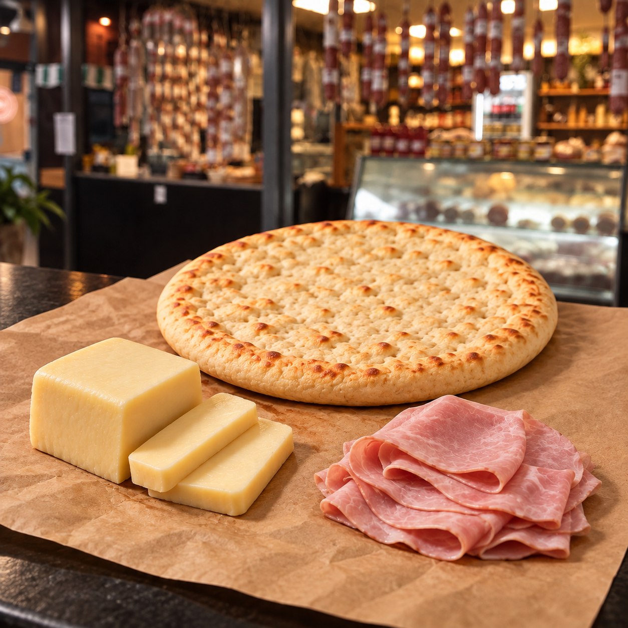 1 pre-pizza + 200 g queso + 100 g jamón