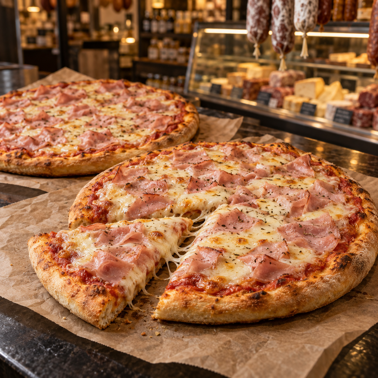 2 pizzas prelistas + 400 g queso + 200 g jamón
